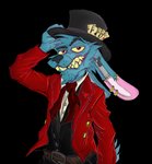 2020 alpha_channel anthro blue_body blue_fur buckteeth clothed clothing damaged ear_piercing facial_hair fangs front_view fur grin hare hat headgear headwear hi_res hodgepodge_(krolik) krolik lagomorph leporid long_ears looking_at_viewer male mammal march_hare multicolored_body multicolored_fur piercing pink_body pose rabbit red_eyes scar sharp_teeth simple_background smile smirk solo standing surgical_suture teeth topwear transparent_background undead yellow_sclera zombie