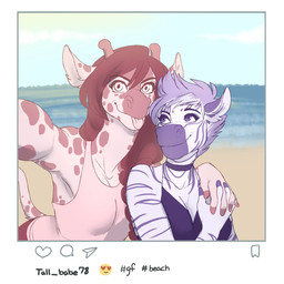 anthro breasts clothed clothing duo female hair horn ossicone selfie smile tongue tongue_out redpixie instagram joclyne_(crocskin123) zeredra_(crocskin123) equid equine giraffe giraffid mammal zebra 1:1 hi_res
