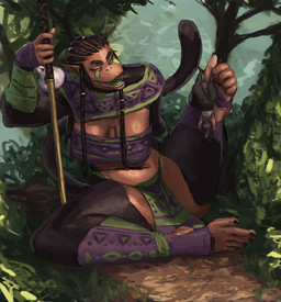 accessory anthro armwear bandeau big_breasts boots bottomwear breasts brown_body brown_fur brown_hair cleavage clothed clothing cornrows countershade_feet countershade_hands countershading dangling_arms digit_ring duo elbow_gloves fangs feet female fingerless_gloves footwear forest fur gloves grass green_tongue hair hair_accessory hair_ring handwear held_upside_down holding_melee_weapon holding_object holding_weapon holding_with_foot jewelry kerchief larger_anthro larger_female lips loincloth macro male male/female melee_weapon midriff nails navel no_pupils open_mouth open_smile outside pants plant pointy_ears prehensile_feet ring sash scarf sharp_nails shirt shoes shrub sitting size_difference smaller_human smaller_male smile soles stirrup_legwear tail teeth thick_lips toe_ring toes tongue topwear tree upside_down weapon white_hair redustheriotact o'gran_(weepeeman1) haplorhine human mammal monkey primate 2026 hi_res