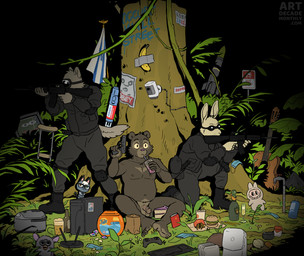 anthro assault_rifle balls black_clothing boots bulletproof_vest casual_nudity champagne_bottle champagne_glass cheek_tuft circumcised circumcision_scar clothing container cup drinking_glass electronics eyewear facial_tuft feet flaccid footwear genital_scar genitals glass glass_container glass_cup goggles group gun handgun holding_gun holding_object holding_ranged_weapon holding_weapon humanoid_feet humanoid_genitalia humanoid_penis humor israeli_flag male outside penis pistol plantigrade ranged_weapon rifle scar shoes tactical_gear text trio tuft weapon wide_eyed artdecade shepard_fairey animal_crossing barack_obama_"hope"_poster comedian_(artwork) furby juicero kony_2012 labubu_(toy) mcdonald's nintendo novo_nordisk obey_(brand) occupy_wall_street ozempic proctor_&_gamble supreme tide_(brand) tide_pod pepe_the_frog raymond_(animal_crossing) willy_(artdecade) bear black_bear labubu lagomorph leporid mammal rabbit ursine english_text hi_res meme