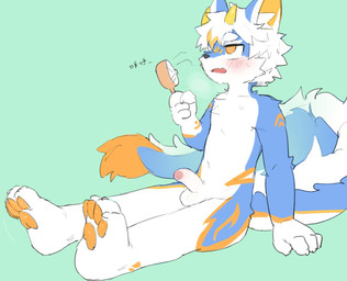 anthro blue_body blue_fur eating_ice_cream foreskin fur genitals gloves_(marking) hair horn humanoid_genitalia humanoid_penis inner_ear_fluff male markings orange_eyes orange_markings orange_paws penis simple_background sitting solo text tuft white_body white_fur white_hair white_penis yellow_horn young young_anthro young_male nekowuwu mythology dragon furred_dragon furred_scalie mythological_creature mythological_scalie scalie chinese_text hi_res translated