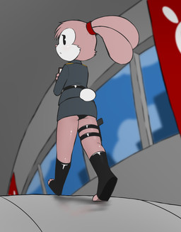 3_toes anthro athletic athletic_female banner blush bottomwear butt city city_background clothed clothing cotton_tail feet female footwear fur furgonomics gun handgun holding_object holster inside light looking_at_viewer looking_back low-angle_view military miniskirt notebook panties pear-shaped_figure pink_body pink_fur pistol ranged_weapon reflection skirt solo tail tail_through_skirt toeless_footwear toes underwear uniform upskirt weapon wide_hips window e254e lagomorph leporid mammal rabbit hi_res lighting shaded