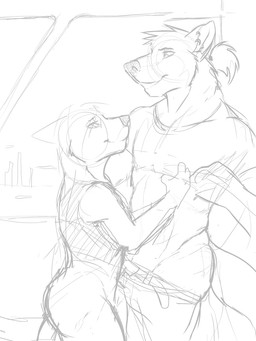 anthro anthro_on_anthro closed_smile clothing duo ear_piercing ear_ring ears_back eye_contact female grin hair looking_at_another male male/female mouth_closed narrowed_eyes piercing pivoted_ears ponytail ring_piercing smile standing undressing solaxe_(artist) canid canine mammal 3:4 black_and_white digital_drawing_(artwork) digital_media_(artwork) hi_res monochrome sketch