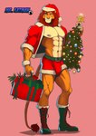 abs anthro areola belt biceps boots bottomwear bulge christmas christmas_clothing christmas_headwear christmas_tree clothed clothing digital_media_(artwork) disney erection felid fingers footwear fur genitals gift hair hat headgear headwear hi_res holding_object holidays lion looking_at_viewer male mammal mrkatman muscular muscular_anthro muscular_male nipples open_clothing open_topwear pantherine pecs penis plant santa_hat shorts simba_(the_lion_king) simple_background smile solo standing tail the_lion_king topwear tree