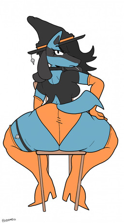 anthro armwear back_boob big_butt black_hair blue_body boots breasts butt butt_focus chair cigarette cigarette_in_mouth clothed clothing elbow_gloves eyelashes female footwear frown furniture gloves hair hair_over_eye hand_on_leg hand_on_thigh handwear hat headgear headwear high_heeled_boots high_heels legband legwear looking_at_viewer looking_back looking_back_at_viewer object_in_mouth on_chair orange_clothing orange_panties orange_underwear panties pantsless pokemorph rear_view shirt shoes simple_background sitting sitting_backwards sitting_on_chair skull_accessory solo tail thick_thighs thigh_boots thigh_highs thighband topwear underwear white_background witch_costume witch_hat existimatio third-party_edit aeie_(colorist) nintendo pokemon fan_character lexie_blake_(innocentenough) canid canine generation_4_pokemon lucario mammal pokemon_(species) 2020 color_edit colored digital_media_(artwork) full-length_portrait hi_res portrait signature