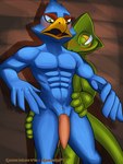 anthro beak blush bodily_fluids duo erection feathers genital_fluids genitals leaking leaking_precum male male/male nipples nude open_mouth penis precum simple_background smile tapering_penis k9player_(artist) nintendo star_fox falco_lombardi leon_powalski avian bird lizard reptile scalie 3:4 absurd_res digital_media_(artwork) hi_res