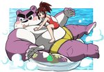 anthro belly blush bulge clothing duo female fur inflatable inflatable_ride inflatable_support inner_tube kemono male on_pool_toy on_swim_ring on_top on_top_of overweight overweight_male pool_toy print_pool_toy purple_body purple_fur sitting swim_ring swimwear water white_body white_fur 00murice bear human mammal 2013