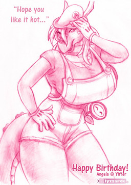 anthro big_breasts breasts clothing cosplay female fire_flower gloves hair handwear heart_(marking) horn markings non-mammal_breasts open_mouth overalls scales shirt solo teeth text thick_thighs topwear ventral_scales blyzzarde mario_bros mythology nintendo angela_(badgerben) dragon mythological_creature mythological_scalie scalie 2010 english_text hi_res sketch traditional_media_(artwork)