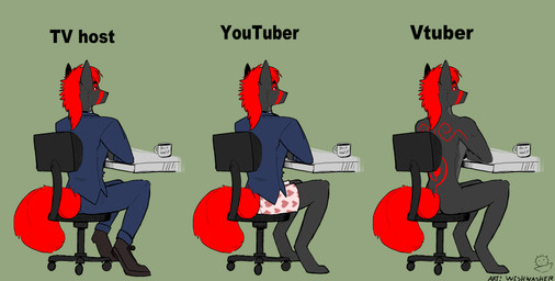 anthro casual_nudity chair clothed clothing fur furniture grey_body grey_fur hair humor male nude simple_background sitting smile solo suit table tail text underwear wishwasher fury_(furythewolf) canid canine canis mammal wolf absurd_res digital_media_(artwork) english_text hi_res