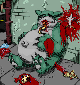anthro belly big_belly blood blood_on_mouth bodily_fluids bone death fat_belly gore guts hard_vore intestines male mutilation organs skull solo vore swagbigbelly mewgenics dead_bird guillotina_(mewgenics) felid feline mammal hi_res