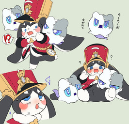 ambiguous_gender anthro blue_eyes blush bodily_fluids bottomless clothed clothing dipstick_limbs emanata featureless_crotch half-closed_eyes hat headgear headwear long_ears narrowed_eyes saliva sitting spiral spiral_eyes tears text harusuke honkai:_star_rail mihoyo pom-pom_(honkai:_star_rail) ghost lagomorph mammal spirit japanese_text multiple_images translated