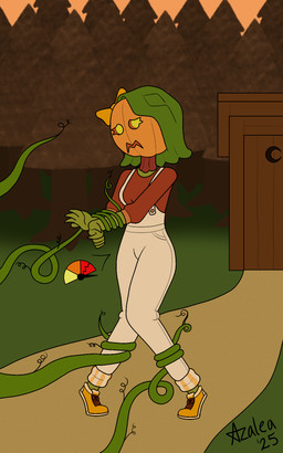 bdsm bodily_fluids bondage bound clothed clothing desperation female food forest fruit full_bladder genital_fluids omorashi outhouse outside overalls plant pumpkin tree urine urine_meter vines flamingazalea monster_prom_(series) jacqueline_(monster_camp) monster 5:8 hi_res