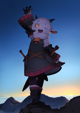 4_fingers anthro armor armwear biped black_armwear black_boots black_clothing black_dress black_footwear black_gloves black_handwear black_horn black_legwear boots circle_eyebrows clothed clothing cowbell detached_sleeves detailed_background dress ear_piercing ear_ring eyebrows eyelashes female female_anthro fingers flat_chested footwear front_view fully_clothed fur gesture gloves hair handwear horizontal_pupils horn humanoid_hands kemono legwear looking_at_viewer melee_weapon monotone_body monotone_fur monotone_hair mountain neck_tuft open_mouth open_smile outside piercing pink_inner_ear pupils ring_piercing shoes sky smile solo standing sword tuft twilight waving waving_at_viewer weapon white_body white_ears white_fur white_hair yellow_eyes kamukamu6392 bovid caprine goat mammal colored digital_media_(artwork) full-length_portrait hi_res japanese_description portrait shaded