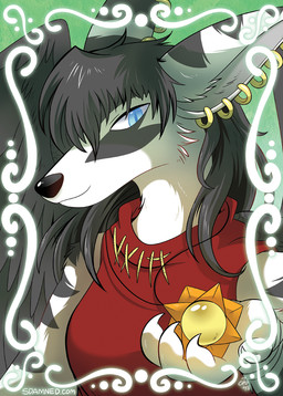 4_fingers anthro arm_markings black_hair black_markings black_wings blue_eyes claws clothing ear_markings ear_piercing ear_ring eye_markings feathered_wings feathers female fingers gold_(metal) gold_ear_ring green_background hair jewelry looking_at_viewer markings necklace pendant piercing red_clothing ring_piercing simple_background smile solo sun text white_body wings the-chu slightly_damned sakido_elexion demon wind_demon_(slightly_damned) signature url