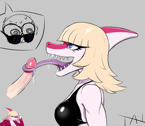 anthro bald biped black_bra black_clothing black_underwear blonde_hair blue_eyes bodily_fluids bone_frill bra breasts clothed clothed_anthro clothed_female clothing cutaway disembodied_penis dripping duo erection eyewear female frill_(anatomy) genitals glans grey_background hair human_on_anthro humanoid_genitalia humanoid_penis interspecies jacket licking long_hair long_tongue looking_up male male/female medium_breasts mostly_offscreen_human mostly_offscreen_male multicolored_body multicolored_scales non-mammal_breasts open_clothing open_jacket open_topwear oral penile penis penis_lick pink_body pink_scales red_clothing red_jacket red_topwear saliva saliva_drip saliva_on_penis scales sex sharp_teeth shirt shirtless_anthro shirtless_female side_view simple_background sprite sunglasses surprised sweat sweatdrop sweating_profusely teeth text tongue tongue_out topwear two_tone_body two_tone_scales underwear white_body white_clothing white_scales white_shirt white_topwear wide_eyed tahilix cavemanon_studios i_wani_hug_that_gator inco_(iwhtg) mia_moretti dinosaur hadrosaurid human mammal ornithischian ornithopod parasaurolophus prehistoric_species reptile scalie absurd_res artist_name colored hi_res shaded