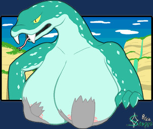 angry anthro big_breasts border breasts detailed_background fangs female huge_breasts nipple_tape pasties solo tape teal_body teeth transparent_border snapps reptile scalie snake aliasing alpha_channel digital_media_(artwork) signature