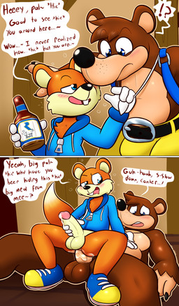4_fingers anal anal_penetration anthro anthro_on_anthro anthro_penetrated anthro_penetrating anthro_penetrating_anthro balls belt belt_buckle big_balls big_butt big_penis black_claws black_nose blue_clothing blue_eyes blue_footwear blue_hoodie blue_shoes blue_topwear bodily_fluids bottle bottomless bottomwear brown_balls brown_body brown_fur buckle buckteeth bulge butt chest_tuft claws clothed clothing container cum cum_from_ass cum_in_ass cum_inside cum_on_butt cum_on_penis dialogue dipstick_tail drooling drunk duo exclamation_point fingers footwear freckles fur genital_fluids genitals gloves half-closed_eyes hand_on_belly handwear holding_bottle holding_container holding_object holding_penis hoodie interspecies larger_male larger_sub looking_back looking_down lying male male/male male_on_bottom male_on_top male_penetrated male_penetrating male_penetrating_male markings masturbation multicolored_tail narrowed_eyes on_back on_bottom on_top open_mouth orange_body orange_fur pants penetration penile penile_masturbation penile_penetration penis power_bottom precum question_mark reverse_cowgirl_position saliva sex shark_tooth_necklace shoes size_difference smaller_male smaller_penetrated speech_bubble spread_legs spreading straddling submissive substance_intoxication sudden tail tail_markings tan_inner_ear tan_penis teeth text thick_thighs topwear tuft white_clothing white_gloves white_handwear yellow_body yellow_bottomwear yellow_clothing yellow_footwear yellow_fur yellow_inner_ear yellow_pants yellow_shoes felino banjo-kazooie conker's_bad_fur_day rareware banjo_(banjo-kazooie) conker american_red_squirrel bear mammal pine_squirrel rodent sciurid tree_squirrel 2020 2koma absurd_res comic crossover english_text hi_res