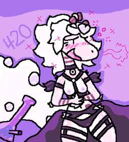 420_(number) areola black_clothing black_harness blush blush_lines bong breasts clothing collar dark_body drugs female fur hair harness markings multicolored_body nipples pink_body purple_areola purple_nipples striped_markings stripes tail text two_tone_body white_body white_fur white_hair white_tail squeakitties nintendo pokemon pokesona_(twilem) generation_6_pokemon mega_ampharos mega_evolution pokemon_(species) 2024
