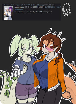 ahoge anthro big_breasts blush blush_lines bottomwear bra_outline bra_strap braided_hair breast_envy breasts brown_hair claws clothing duo eyelashes female finger_claws green_hair grey_background hair head_spikes jacket long_sleeves long_tail multicolored_body multicolored_scales orange_body orange_clothing orange_jacket orange_scales orange_topwear pale_body pale_scales purple_bottomwear purple_clothing purple_shorts red_eyes scales shorts simple_background spiked_tail spikes spikes_(anatomy) tail tan_body tan_scales text topwear twintails_(hairstyle) two_tone_body two_tone_scales chervyarts 4chan cavemanon_studios snoot_game cynthia_(snoot_game) maria_(snoot_game) aquilops ceratopsian dinosaur marginocephalian ornithischian prehistoric_species reptile scalie stegosaurian stegosaurus thyreophoran 2025 digital_drawing_(artwork) digital_media_(artwork) english_text hi_res watermark