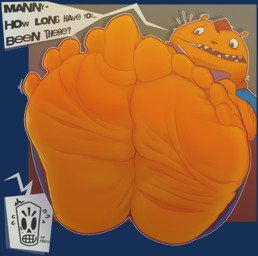 5_toes blush bodily_fluids dialogue feet foot_fetish foot_focus humanoid_feet male orange_body plantigrade reading soles surprised sweat toe_wiggle toes wrinkled_feet wrinkles dogeoisie grim_fandango glottis_(grim_fandango) manuel_"manny"_calavera demon alpha_channel digital_media_(artwork) hi_res shaded