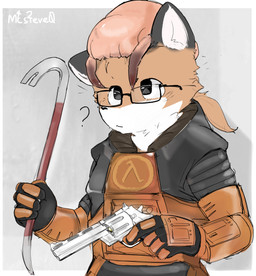 colt_python confusion crowbar dual_wielding eyewear fur glasses hair hev_suit holding_object holding_weapon lambda_symbol male melee_weapon orange_body orange_fur ponytail ranged_weapon simple_background solo standing tools weapon minecraftsteve42069 half-life valve canid canine fox headcrab mammal