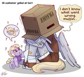 anthro band-aid bandage box cardboard cardboard_box clothing confusion container derp_eyes duo female footwear hiding horn question_mark shaking sitting socks speech_bubble text trembling wings xconitox friendship_is_magic hasbro my_little_pony mythology derpy_hooves_(mlp) dinky_hooves_(mlp) equid equine mammal mythological_creature mythological_equine pegasus unicorn english_text hi_res