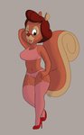 anthro bra brown_hair clothed clothing female footwear garter_belt garter_straps genitals hair hand_on_hip high_heels legwear lingerie looking_at_viewer mature_anthro mature_female navel one_eye_closed pussy shoes solo standing stockings tongue tongue_out underwear wink dsketch3r_(artist) chip_'n_dale_rescue_rangers disney mrs._squirrel mammal rodent sciurid absurd_res hi_res