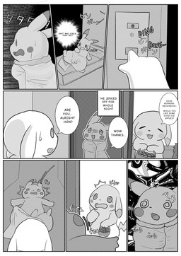 apple bed bedding blanket bodily_fluids border cum dialogue dizzy dizzy_eyes door doorbell duo female feral food fruit furniture genital_fluids genitals home male male/female penis plant running text unconscious white_border ganghandog nintendo pokemon pokemon_pokopia peakychu generation_1_pokemon pikachu pokemon_(species) comic english_text hi_res monochrome right_to_left