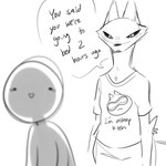 anthro bottomwear clothing dialogue duo female shirt simple_background topwear underwear white_background wide_hips glacierclear sawyer_(glacierclear) canid canine canis jackal mammal digital_drawing_(artwork) digital_media_(artwork) hi_res monochrome