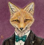 accessory anthro black_nose bow_(feature) bow_in_front bow_tie clothing dipstick_ears ear_markings formal formal_wear fur male multicolored_ears purple_background realistic_fur simple_background solo suit_jacket whiskers white_body white_fur yellow_eyes kaho_nishikawa canid canine fox mammal red_fox true_fox headshot_portrait hi_res icon painting_(artwork) portrait traditional_media_(artwork)