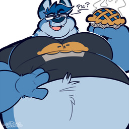 anthro belly big_belly black_clothing black_shirt black_t-shirt black_topwear blue_body blue_fur clothed clothing eyewear floating_eyebrows food fur glasses hand_on_belly looking_at_viewer male navel obese overweight overweight_anthro overweight_male pastry pie raised_clothing raised_shirt raised_topwear shirt solo steam t-shirt talking_to_viewer text toony topwear wizzdono kygen_(kygen) kangaroo macropod mammal marsupial 1:1 2025 english_text signature