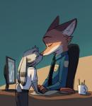 anthro badge belt blush clothed clothing coffee_mug desk duo ear_markings electronics eyes_closed facial_markings folder fur fur_markings furgonomics furniture head_markings head_tuft imminent_kiss larger_anthro larger_male male male/male markings monitor necktie police police_uniform predator/prey recursion sitting size_difference smaller_anthro smaller_male standing stapler table tail tail_clothing tuft uniform fuel_(artist) disney zootopia jack_savage nick_wilde canid canine fox lagomorph leporid mammal rabbit red_fox true_fox 2018