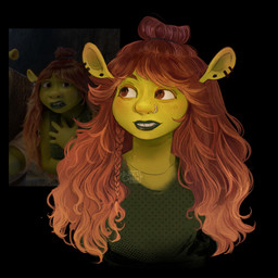5_fingers bangs black_background black_ear_piercing black_hair_tie blush braided_hair brown_eyebrows brown_hair clothed clothed_female clothed_humanoid clothing ear_piercing ear_ring ear_stalk eyebrows facial_piercing female female_humanoid fingers green_body green_clothing green_lips green_shirt green_skin green_tank_top green_topwear hair hair_bun light lips long_hair multicolored_hair nose_piercing nose_ring piercing red_hair ring_piercing screencap shirt simple_background solo tank_top teeth text topwear wavy_hair pulereen dreamworks shrek_(series) felicia_(shrek) humanoid ogre 1:1 2025 artist_name bust_portrait colored digital_drawing_(artwork) digital_media_(artwork) hi_res lighting portrait reference_image shaded