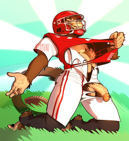 anthro balls bottomwear brown_body brown_fur clothing fur genitals grass half-erect humanoid_genitalia humanoid_penis kneeling male male_anthro narrowed_eyes nipples penis plant red_clothing red_helmet red_topwear solo tan_balls tan_body tan_penis tan_skin topwear torn_clothing torn_topwear vein veiny_penis white_bottomwear white_clothing white_topwear yellow_eyes 0ct0m0n0 houwang haplorhine mammal monkey primate hi_res