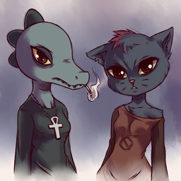 alternate_form ankh anthro black_body black_fur breasts cigarette clothed clothing duo female fur highlights_(coloring) jewelry looking_at_viewer necklace non-mammal_breasts null_symbol simple_background smoke smoking snarling whiskers plagueofgripes night_in_the_woods bea_santello mae_borowski alligator alligatorid crocodile crocodilian domestic_cat felid feline felis mammal reptile scalie 1:1 2017 hi_res