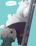 anthro big_butt black_nose blush bottomwear bottomwear_down brown_body butt clothed clothing duo eyes_closed hoodie humanoid_hands kemono ladder male overweight overweight_male pants pants_down partially_clothed text topwear white_body dumdum bear canid canine mammal polar_bear ursine 2022 4:5 absurd_res english_text hi_res