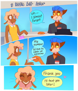 3_panel_comic 5_fingers anthro ascot black_clothing black_shirt black_topwear blue_background blue_hair blush border brown_body brown_ears brown_eyes brown_fur brown_nose cash_register cheek_tuft clothed clothing crossdressing crossdressing_male detailed_background dialogue dress duo eyes_closed facial_tuft femboy fingers fur gradient_background hair heart_symbol inside looking_at_another makeup male mascara mascara_smear mouth_closed name_tag narrowed_eyes open_mouth orange_body orange_fur paper phone_number pink_bag polka_dot_dress polka_dots red_ascot shirt shopping_bag simple_background smile speech_bubble standing store tan_body tan_fur tan_hair teal_speech_bubble text topwear tuft v-neck white_border white_text window yellow_clothing yellow_dress yellow_sclera yellow_speech_bubble heresvix connor_(heresvix) dani_(heresvix) bovid canid canine caprine fox mammal sheep 2026 comic english_text hi_res trans_(lore) trans_man_(lore)
