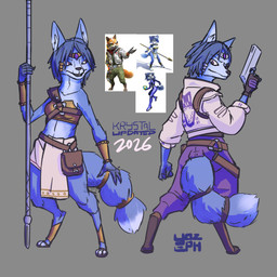 accessory anthro armor biped blue_body blue_fur blue_hair bottomwear circlet claws clothing digitigrade dipstick_tail female female_anthro fingerless_gloves footwear fur furgonomic_footwear furgonomics gloves gun hair handwear holding_gun holding_object holding_ranged_weapon holding_staff holding_weapon jacket jewelry loincloth markings pants paws pouch_(clothing) ranged_weapon ring semi-anthro solo staff tail tail_accessory tail_jewelry tail_markings tail_ring toe_claws topwear vambrace weapon white_body white_clothing white_fur white_jacket white_topwear yozeph nintendo star_fox star_fox_(2026) fox_mccloud krystal_(star_fox) canid canine fox mammal 1:1 2026 absurd_res digital_media_(artwork) hi_res reference_image