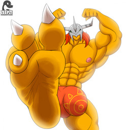 3_toes abs anthro barefoot claws clothing erection erection_under_clothing feet foot_focus male muscular muscular_male nipples soles toe_claws toes yellow_body conditional_dnp zp92 bandai_namco digimon digimon_(species) reptile scalie wargreymon 1:1 hi_res