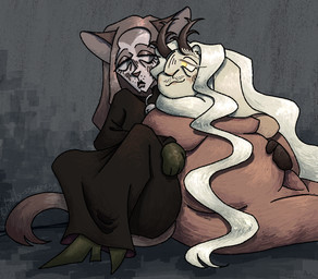 alternate_species ambiguous_gender anthro antlers bell bell_collar belly blush blush_lines brown_hair clothing collar cuddling dewlap_(anatomy) eye_bags eyelashes facial_hair female footwear furrification glistening_eyelids hair high_heels horn intersex intersex/female long_eyelashes long_hair long_tail looking_at_another looking_at_partner medieval mustache neutral_expression overweight robe shoes skinny smile tail tear_trough white_hair lonely-space-egg fear_and_hunger enki_(fear_&_hunger) nosramus domestic_cat domestic_rabbit felid feline felis jackalope lagomorph leporid lop_rabbit mammal oryctolagus rabbit aliasing digital_media_(artwork) hi_res shaded