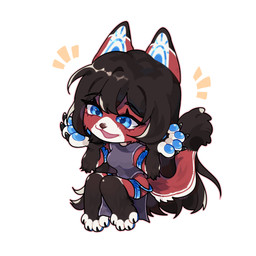 anthro black_hair blue_eyes blue_pawpads chibi emanata female fur hair happy kemono machine pawpads red_body red_fur simple_background smile solo white_background abmyovercute ara_(fluff-kevlar) android domestic_cat felid feline felis mammal robot 1:1