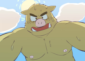 anthro belly bodily_fluids brown_body brown_fur fur kemono male moobs nipples outside overweight overweight_anthro overweight_male solo sun sweat kick_(artist) mammal suid suine sus_(pig) wild_boar 2014