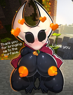 2_horns berry big_breasts black_body black_eyes blush breasts cloak cloak_only clothing curvy_figure dialogue female food fruit heart_symbol horn huge_breasts huge_thighs kneeling multicolored_body nipple_dip nipples non-mammal_breasts non-mammal_nipples orange_nipples plant solo text thick_thighs voluptuous white_body wide_hips foxgumie hollow_knight_(franchise) microsoft minecraft mojang team_cherry xbox_game_studios hornet_(hollow_knight) arthropod humanoid 2025 crossover english_text hi_res