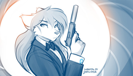 5_fingers anthro black_tie_(suit) bow_tie cheek_tuft claws clothed clothed_anthro clothing collared_shirt cuff_links dress_shirt eyebrow_through_hair eyebrows facial_tuft finger_claws fingers front_view fur gun hair handgun holding_gun holding_handgun holding_object holding_pistol holding_ranged_weapon holding_weapon long_hair looking_at_viewer male necktie pistol ranged_weapon shirt silencer simple_background solo suit suppressed_weapon text topwear translucent translucent_hair trigger_discipline tuft weapon conditional_dnp tom_fischbach james_bond_(series) twokinds walther_ppk natani canid canine canis keidran mammal wolf 2025 7:4 adobe_photoshop_(artwork) blue_and_white digital_media_(artwork) english_text hi_res monochrome sketch trans_(lore) trans_man_(lore)