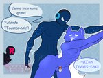 abstract_background anal anal_penetration anthro anthro_penetrated anthrofied balls big_butt big_penis blue_balls blue_body blue_fur blue_nipples blue_penis blush butt chastity_cage chastity_device chest_tuft dialogue dominant dominant_humanoid dominant_male duo_focus electronics femboy from_behind_position fur genitals group headgear headphones headset humanoid_on_anthro humanoid_penetrating humanoid_penetrating_anthro humanoidized male male/male male_penetrated male_penetrating male_penetrating_male motion_lines mouthless nipples no_pupils penetration penis sex small_penis speech_bubble standing standing_sex submissive submissive_anthro submissive_male text thrusting tongue tongue_out tuft white_body white_eyes white_fur notsafewolffa discord_(app) revolt_(app) teamspeak domestic_cat felid feline felis humanoid mammal hi_res portuguese_text