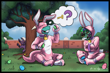 ankle_cuffs anthro ball ball_gag bdsm black_nose black_sclera blue_hair bondage bound bulge bunny_costume clothed clothing collar costume cuff_(restraint) egg facial_piercing fake_ears fake_rabbit_ears fur gag gagged glistening grass green_body green_fur green_hair group hair holidays horn key latex lock male multicolored_hair nose_piercing nose_ring outside padlocked_collar piercing plant question_mark restraints ring_piercing shackles straitjacket tail tennis_ball tree two_tone_hair wrist_cuffs yellow_eyes vir-no-vigoratus easter mythology sigmaw flint_(vir-no-vigoratus) niall tau_(sigmaw) demon dragon gargoyle hybrid hyena imp lagomorph leporid mammal mythological_creature mythological_scalie rabbit scalie spotted_hyena 2018 digital_drawing_(artwork) digital_media_(artwork) story story_in_description