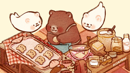 anthro apron black_eyes black_nose brown_body chibi clothing cookie cooking detailed_background dot_eyes food paws simple_eyes white_body sayuupi bear ghost mammal spirit 16:9 2021 hi_res widescreen