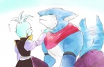 anthro blue_body blue_fur clothed clothing duo fur hair happy male male/male muscular simple_background spiky_hair tail tail_motion tailwag topless topless_male white_background white_body white_fur white_hair agata_toliebe_(artist) dragon_ball dragon_ball_super bergamo shin_(dragon_ball) supreme_kai canid canine canis kaioshin mammal wolf