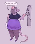 ahoge anthro blue_clothing blue_topwear bottomwear clothes_rack clothing dialogue ears_pierced female footwear grey_hair hair handbag looking_away mouse_ears mouse_tail purple_bottomwear purple_clothing purple_footwear purple_shoes purple_skirt shoes shopping simple_background skirt slightly_chubby solo speech_bubble standing text topwear kewpiekills mammal murid murine rodent english_text hi_res