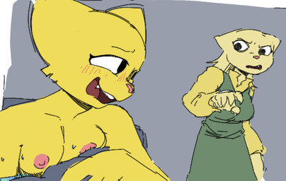 anthro bath bathing blush breasts clothed clothing drunk duo female female/female fur hair nipples nude simple_background smile substance_intoxication water wet yellow_body yellow_fur smekbo bethesda_game_studios microsoft oblivion prequel_adventure the_elder_scrolls katia_managan rajirra felid khajiit mammal